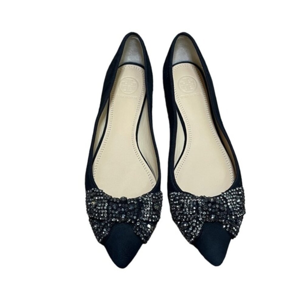 Tory Burch Black Flats with Embellished Bow